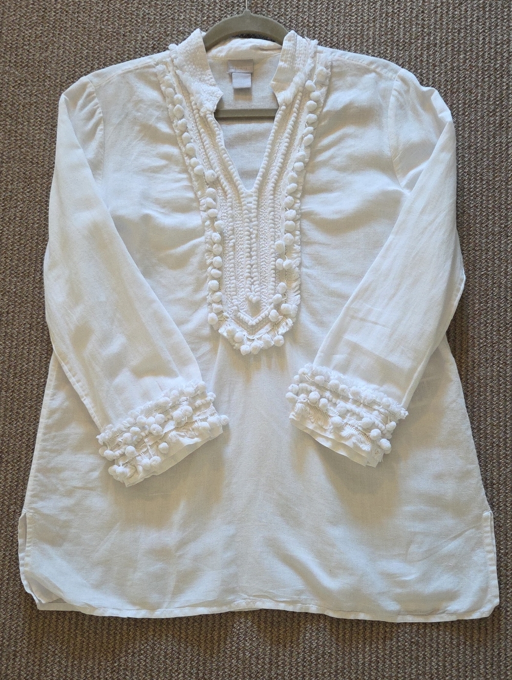 Chico's White Linen Pom-Pom Trim Blouse